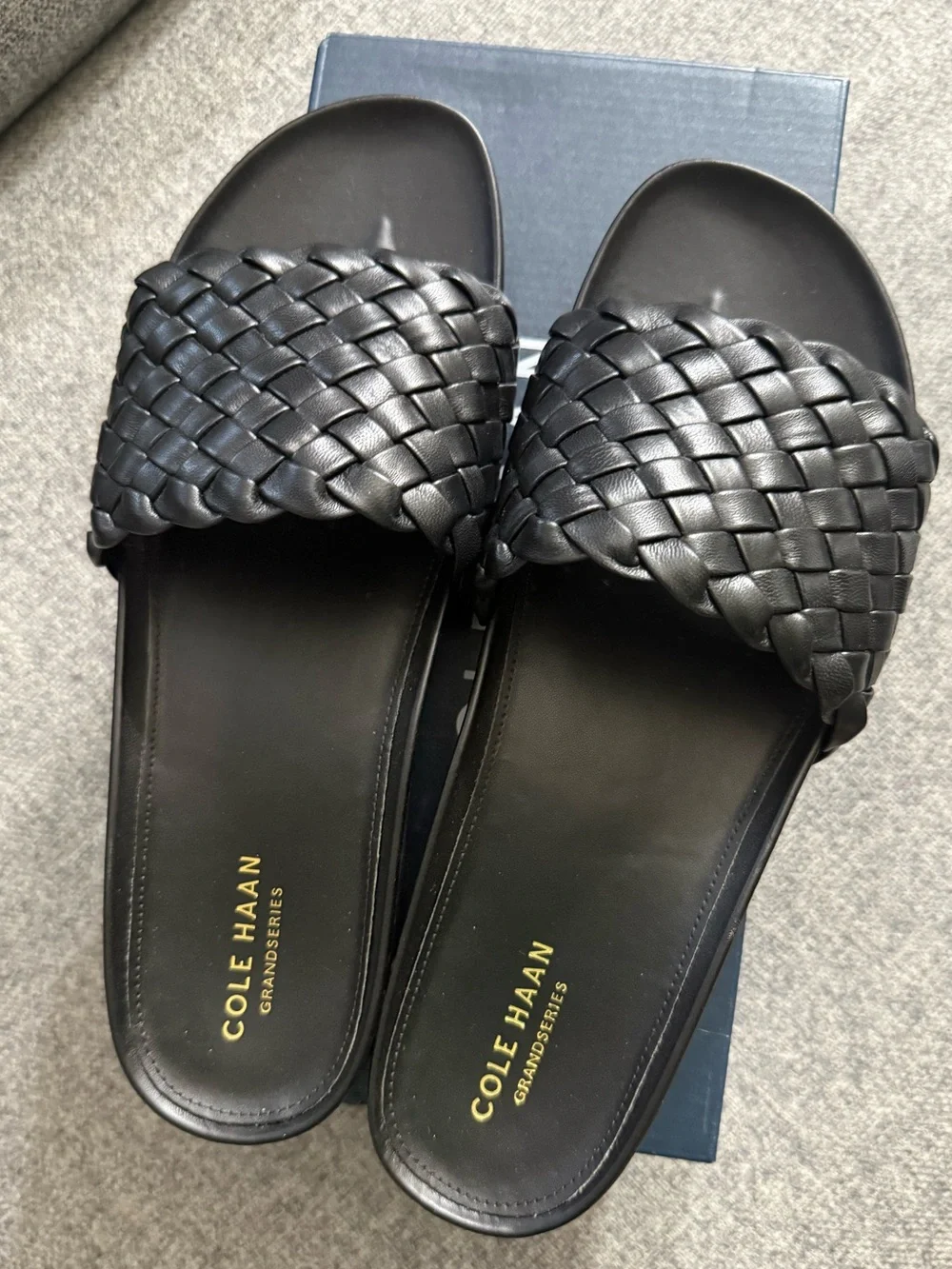 Cole Haan Black Woven Leather Slide Sandals